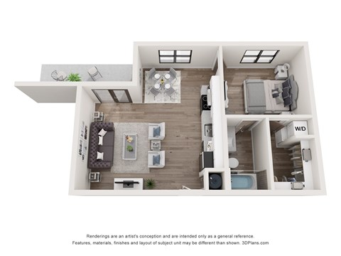 Floor plan for 1 bed, 1 bath, 572 sqft